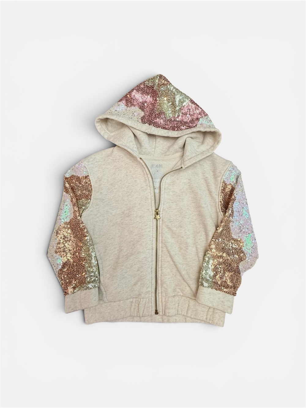 Sequin Hooded Zip Sweatshirt - Beige with Rose Gold Accents